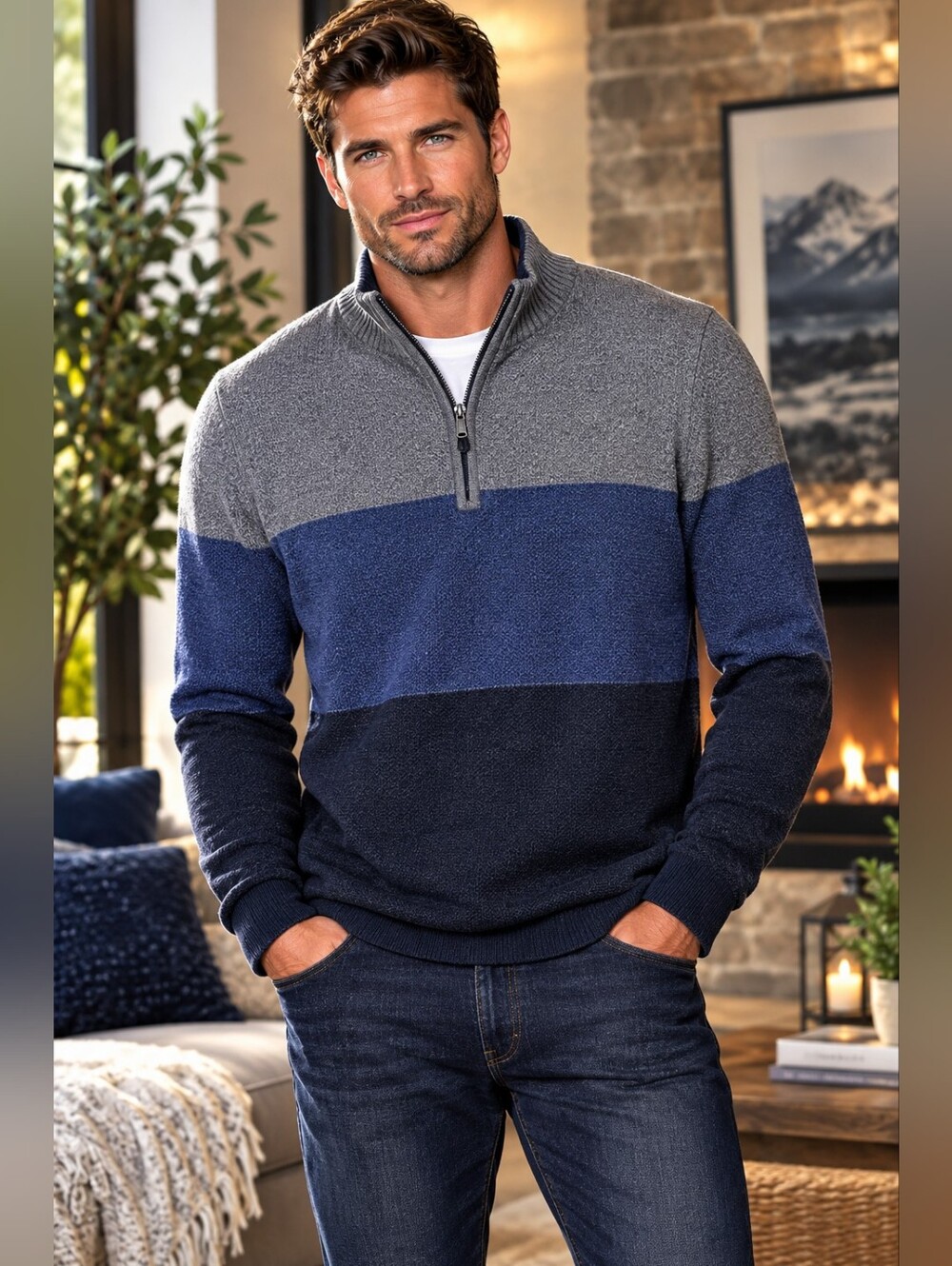 Dockers Men's Colorblock 1/4 Zip Pullover Sweater XL Grey Blue Navy 🧥🔵